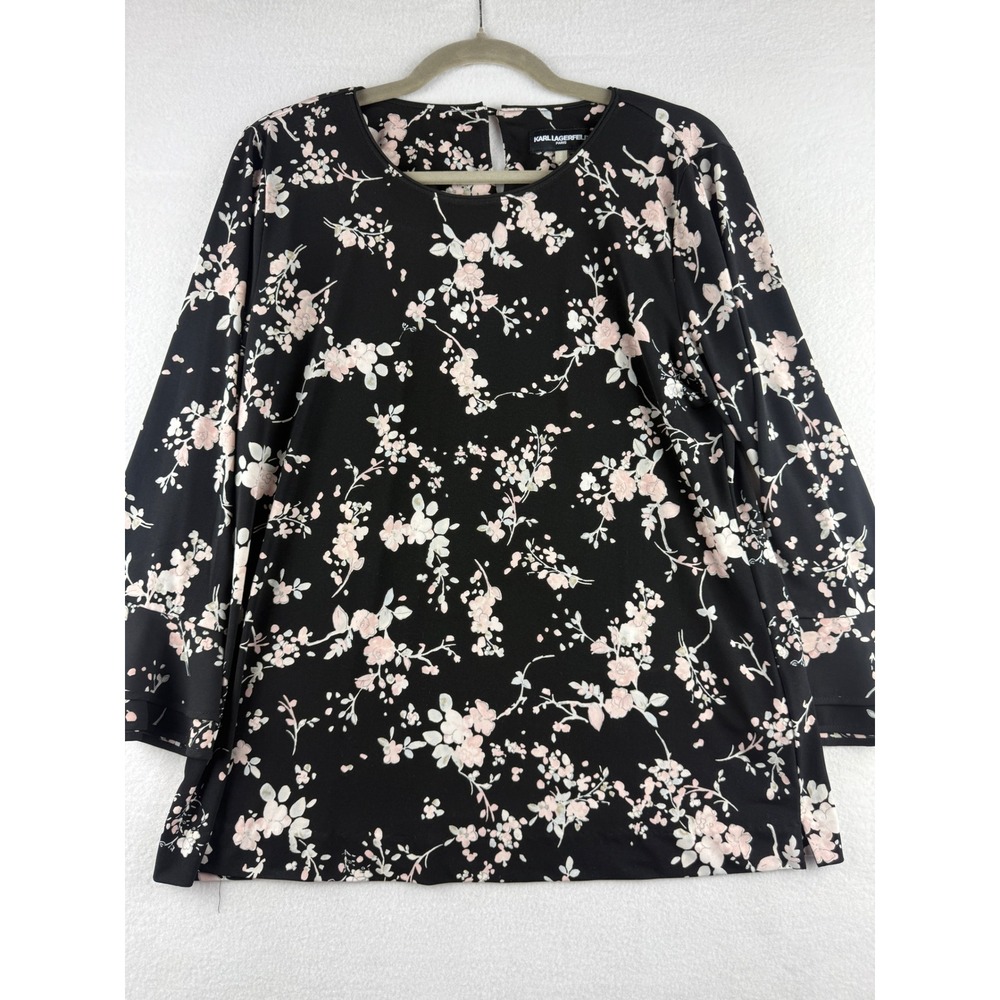 Karl Lagerfeld Paris Womens Black Pink Floral Bell Sleeve Blouse LKPRV2299 M
